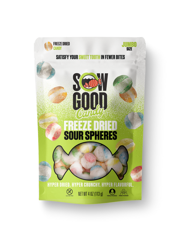 A bag labeled "Freeze Dried Sour Spheres - Sow Good Candy" by Sow Good Inc showcases colorful spherical candies. The package highlights features like "hyper dried," "hyper crunchy," and "hyper flavorful." These jumbo-sized treats weigh 4 oz (113 g).