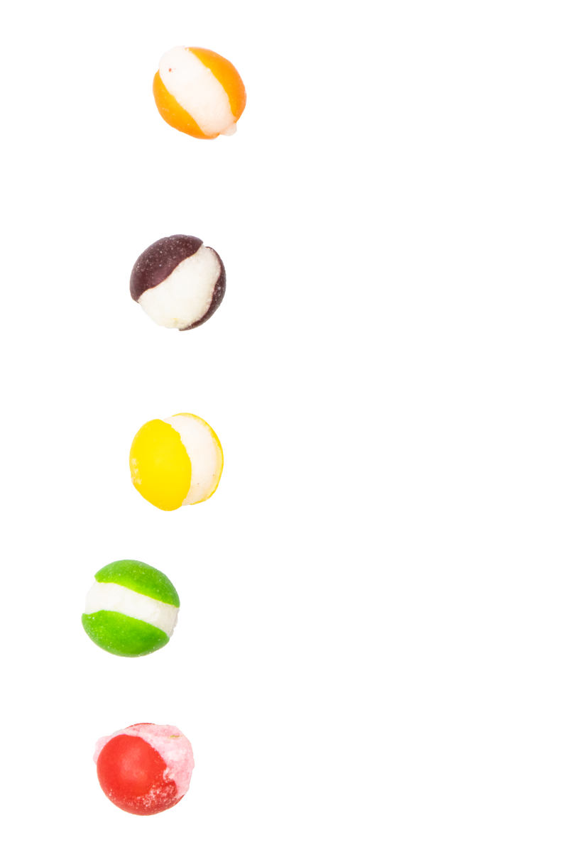 A vibrant vertical line of five colorful candy balls, each with a white stripe, set against a plain background. These gluten-free morsels come in striking shades of orange, purple, yellow, green, and red. Delight in the satisfying crunch of Freeze Dried Skittles from Sow Good Inc’s Sow Good Candy collection!