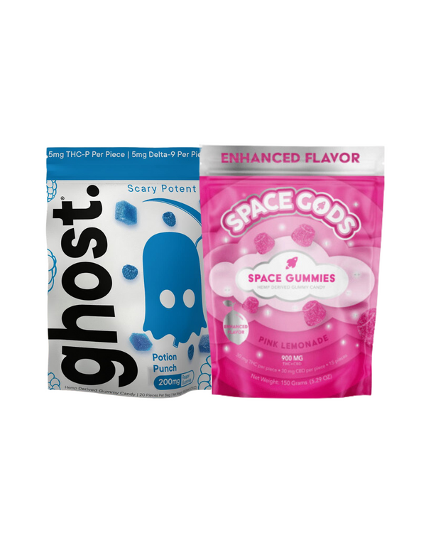 The enticing THC Gummy Bundle from Everyday Delta includes two packs of edible gummies: one featuring "Ghost Reaper Gummies Potion Punch" with blue graphics and another labeled "SPACE GODS Space Gummies Pink Lemonade" in pink packaging, offering a variety of flavors and experiences.