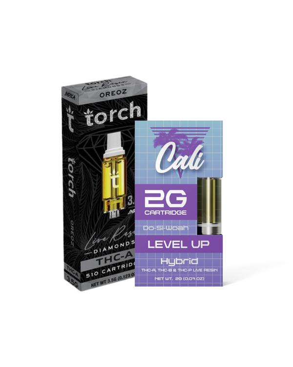 Image of two cannabis product packages: a black and gold box labeled "Torch Live Resin Diamonds THC-A" and a blue and purple box labeled "Cali 2G Hybrid Level Up," both included in the Vape Cartridge Bundle | 2 Pack by Everyday Delta. Each package offers high THC content for an elevated experience.