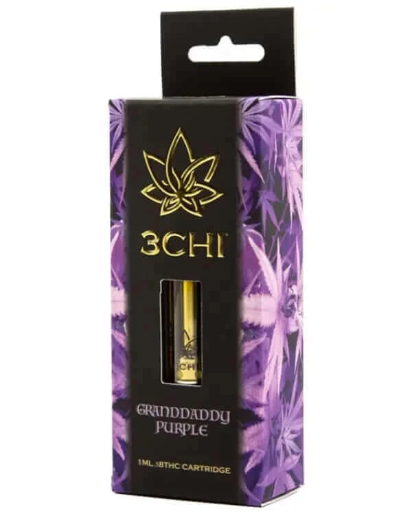 A 1ml vape cartridge of Granddaddy Purple by 3Chi, featuring Delta 8 THC, packaged in a sleek black and purple box with gold lettering and a leaf design.

Revised Sentence:
A 1ml vape cartridge of Granddaddy Purple from the 3Chi Delta 8 Vape Cartridges | 1g product line by 3Chi, featuring Delta 8 THC, packaged in a sleek black and purple box with gold lettering and a leaf design.