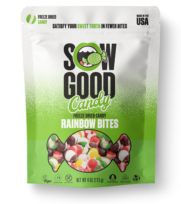 A 4 oz package of Sow Good Inc's Freeze Dried Skittles - Sow Good Candy offers colorful and crunchy treats with green accents. Labeled as Made in the USA, vegan, gluten-free, and all-natural.