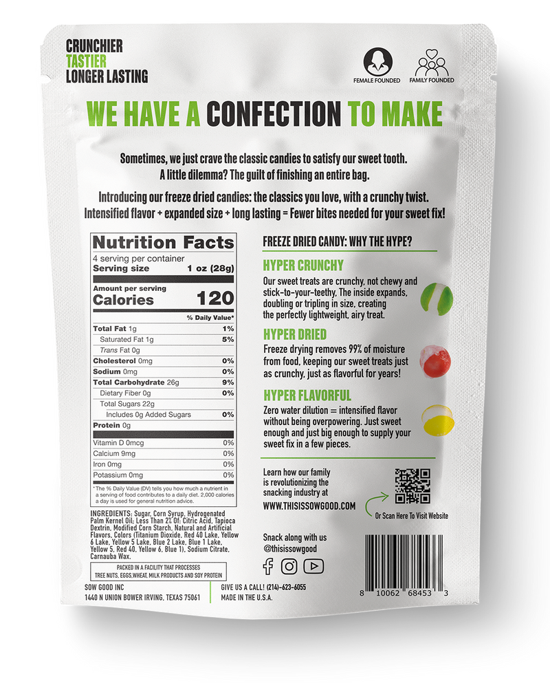 Back of a confectionery product package showing nutrition facts, ingredient list, product benefits, and marketing text emphasizing the crunchier, tastier nature of our gluten-free Freeze Dried Skittles - Sow Good Candy. Discover the ultimate crunchy treat with advanced freeze-dried candy technology from Sow Good Inc!