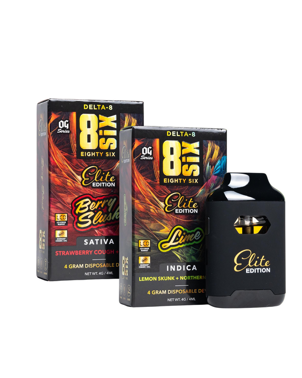 Two packages of Eighty Six Brand Elite Edition Delta 8 Disposables | 4g are displayed. The left package is "Berry Slush" (Sativa), and the right package is "Lime" (Indica). Each contains Delta 8 THC for a uniquely smooth experience.