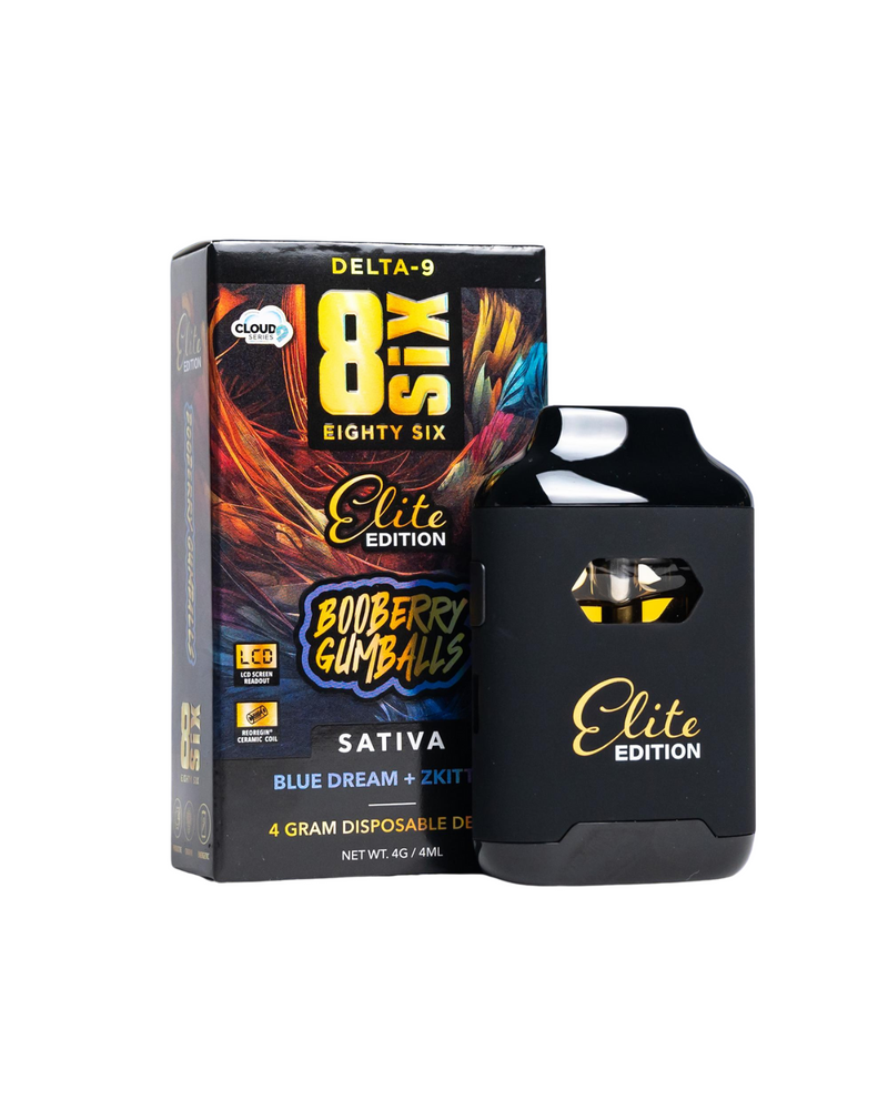 A box labeled "Eighty Six Brand Elite Edition Delta 9 Disposables | 4g" stands next to a black disposable vape pen labeled "Elite Edition." The box features colorful artwork with "Sativa Blue Dream x Zkittles.