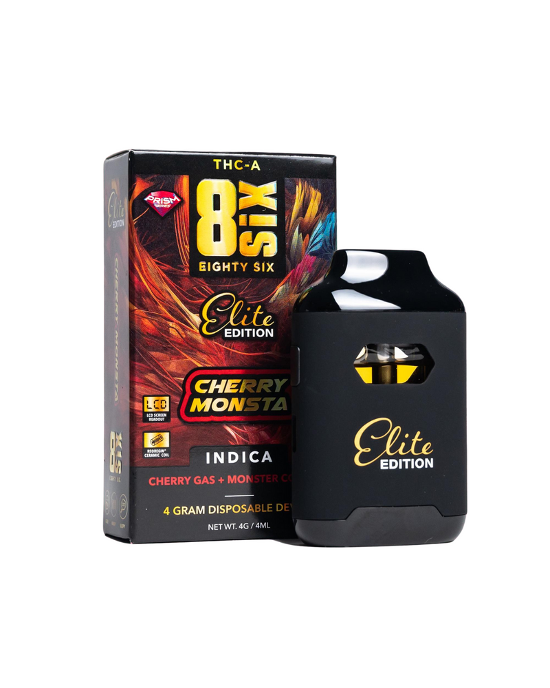 Eighty Six Brand Elite Edition THCA Disposables | 4g packaging and device. The label mentions THC-A, indica, cherry gas, monster cookie, 4 grams, and 4 mL. Additionally, it comes as a THCA Disposable Vape Pen in a rechargeable device for convenience.