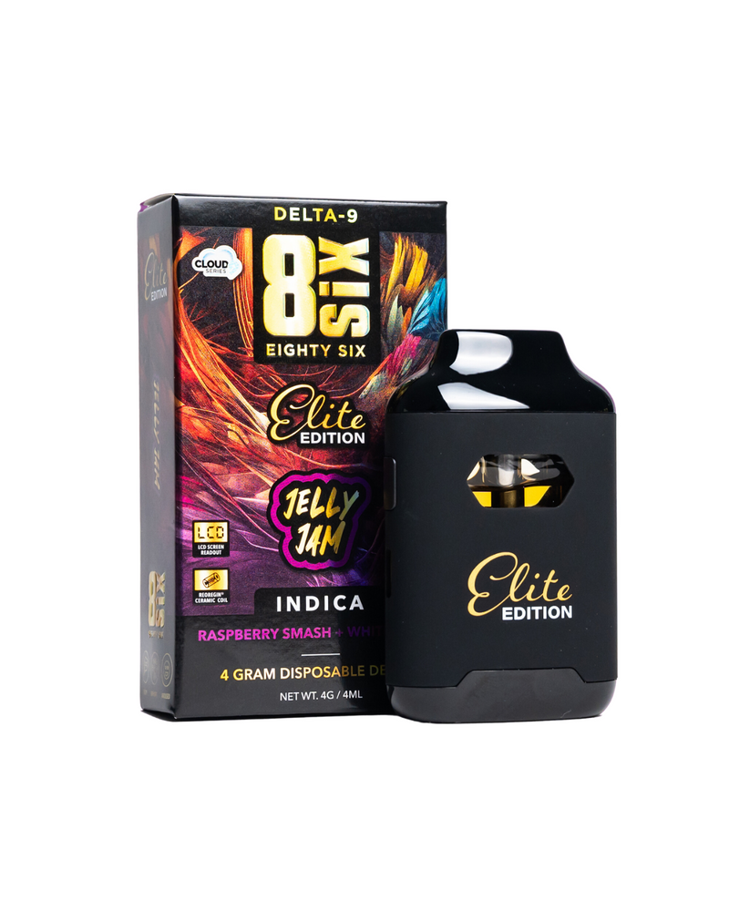 A boxed Delta-9 disposable vape pen labeled "Eighty Six Brand" under the "Elite Edition" series with "Jelly Jam" branding. The Raspberry Smash flavor is available in a 4g/4mL size. The sleek black device prominently features the "Elite Edition" text, emphasizing its premium quality.