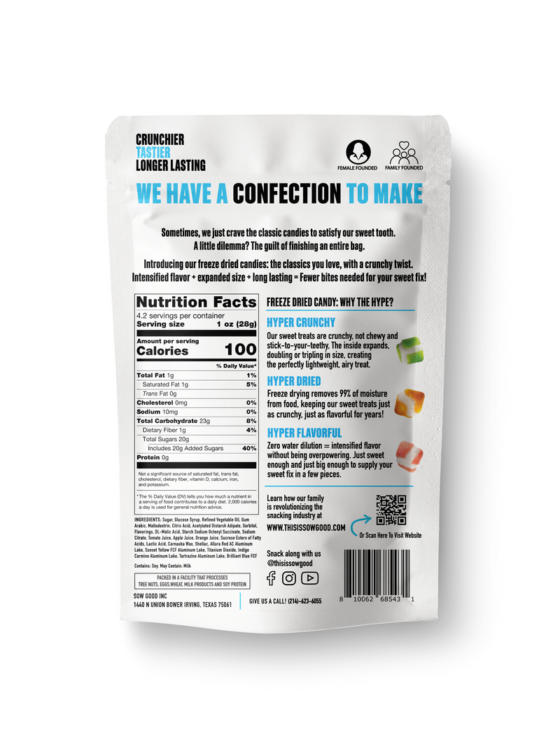 Image of the back of a Freeze Dried Sweet Squares - Sow Good Candy package, highlighting the flavor-packed product description, nutritional facts, ingredients, and manufacturer contact information. The text boasts features like "crunchier," "tastier," and "longer-lasting," thanks to advanced freeze-drying techniques by Sow Good Inc.