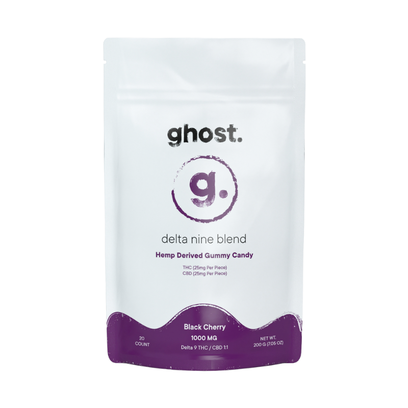 A white and purple package of Ghost Delta 9 Gummies by Ghost featuring a unique ghost design. These hemp-derived gummies come in a black cherry flavor, with each of the 20 pieces containing 50 mg of THC and 50 mg of CBD, adding up to a total of 1000 mg. Net weight: 200g.