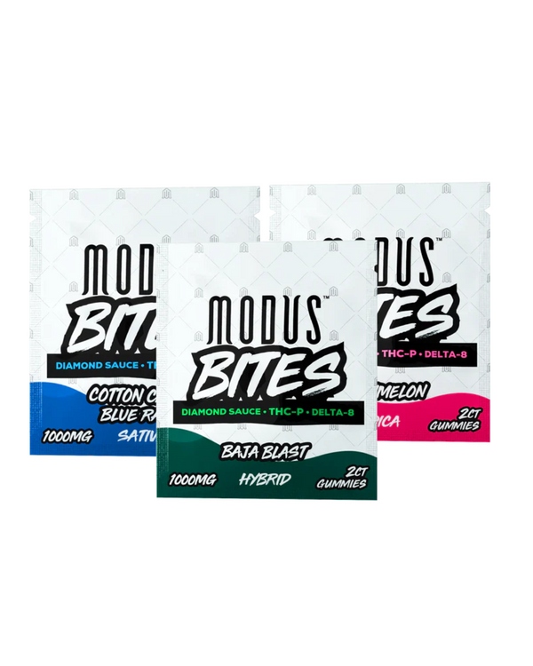 Experience the luxurious Modus Gummy Bites, available in three captivating flavors: Cotton Candy Blue Raspberry, Baja Blast, and a mysteriously delightful third option. Each pack from Modus contains 1000mg of cannabinoid-infused goodness with THC-P and Delta-8, employing nanotized extraction for enhanced effects.