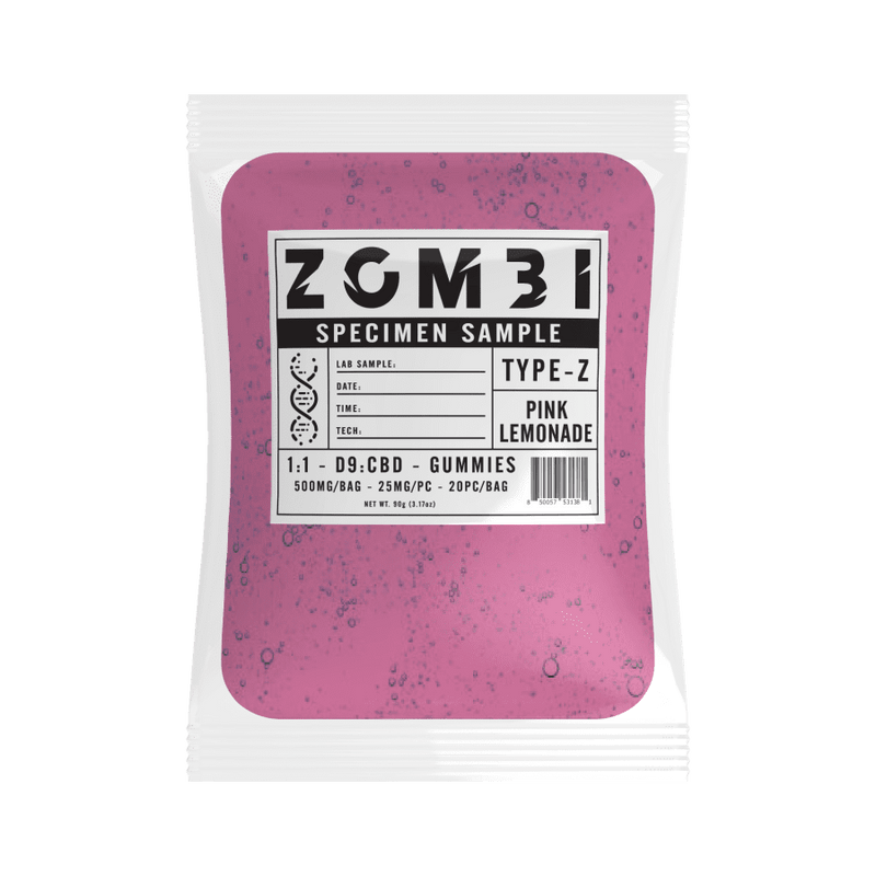 A sealed package labeled "ZOMBI Specimen Sample Type-Z" contains pink lemonade flavored CBD gummies with a Zombi Delta 9 THC blend, dosage 500mg/bag and 25mg/pc, totaling 20 pieces per bag. The product is named **Zombi Delta 9 Gummies | 500mg** and the brand is **Zombi**.