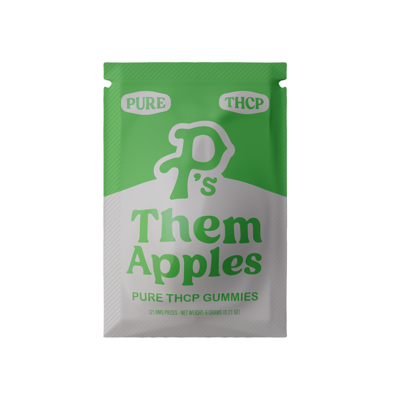 A green and white packet labeled "Pushin P's Pushin Ps Pure THC-P Gummies | 2ct," containing 2 highly potent gummies, with a net weight of 6 grams (0.21 oz).