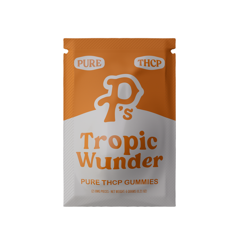 A small, orange and white packet labeled "Pushin P's Pushin Ps Pure THC-P Gummies | 2ct." The packet contains two highly potent 50mg pieces with a net weight of 6 grams (0.21 oz).