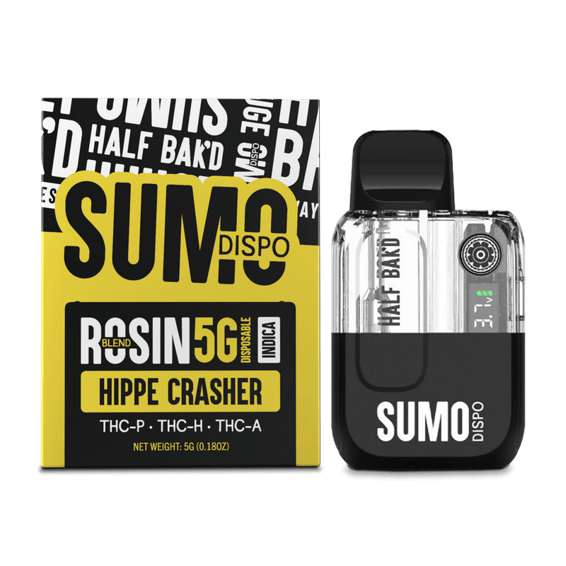 Image of a Half Bak'd THC-A SUMO Disposable vape device and its packaging. The packaging reads "Half Bak'd THC-A SUMO Disposable | 5g HIPPE CRASHER" and lists THC-P, THC-H, and THC-A live resin as ingredients.