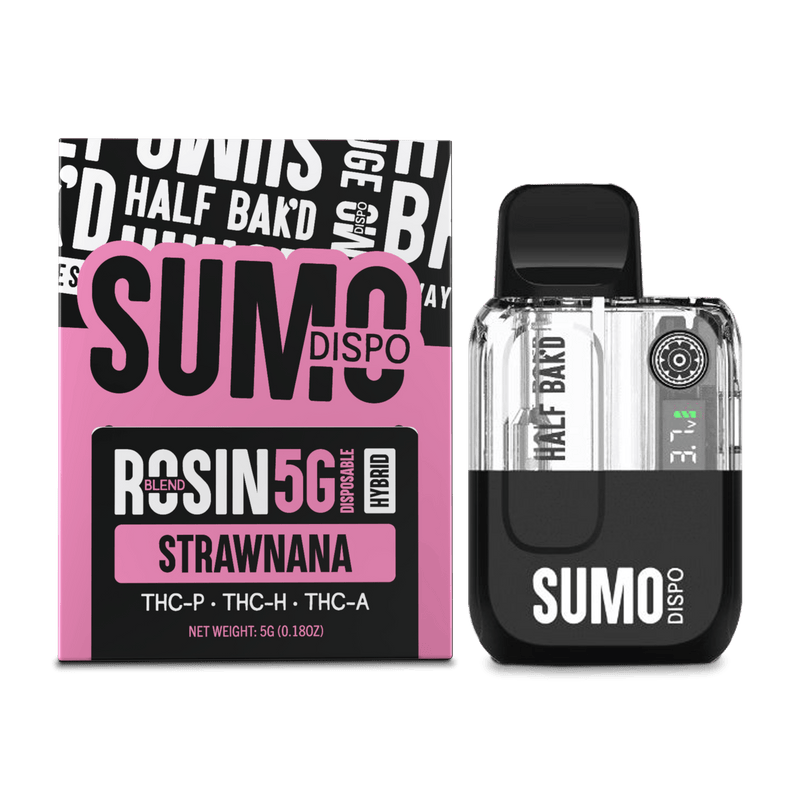 Image of Half Bak'd THC-A SUMO Disposable labeled "Strawnana," featuring a box with text and a vape device with the branding "Half Bak'd" and "Sumo Dispo." Contains THC-P, THC-H, and THC-A live resin. This 5g disposable vape includes a pre-heat button for optimal use.