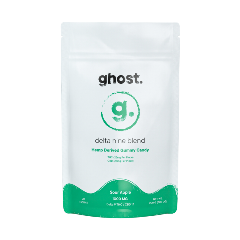 White and green bag labeled "Ghost Delta 9 Gummies | 1000mg" by Ghost, containing hemp-derived sour apple gummy candies with 20 pieces and a total of 1000 mg of Delta 9 THC and CBD.