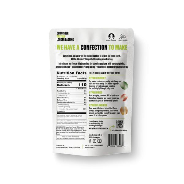 Back of a white candy package showing nutritional facts, ingredients, and a description of the candy's crunchiness and intense flavor. The package highlights the benefits of freeze-dried candy and introduces Freeze Dried Sour Spheres - Sow Good Candy by Sow Good Inc as an intense flavor snack for those seeking gluten-free options.