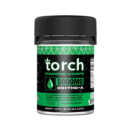 A container of Torch Diamond Drop Gummies | 5000mg, 5000mg D9+THC-A vegan gummies flavored kiwi watermelon, with 20 pieces per container and a net weight of 100 grams.