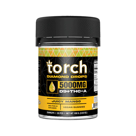 A bottle labeled "Torch Diamond Drop Gummies | 5000mg" from Torch contains 20 pieces of 5000mg juicy mango THC-A gummies infused with Delta 9 THC.