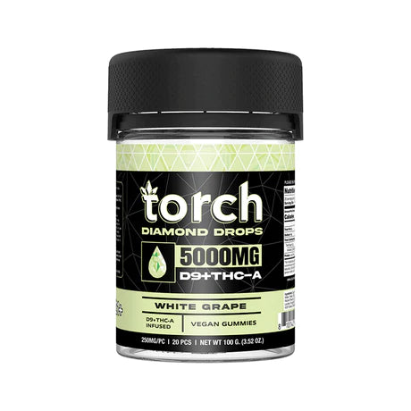 A jar of Torch Diamond Drop Gummies | 5000mg, white grape flavor, 5000mg Delta 9 THC+THC-A infused. The jar contains 20 pieces and has a net weight of 100g (3.52oz).