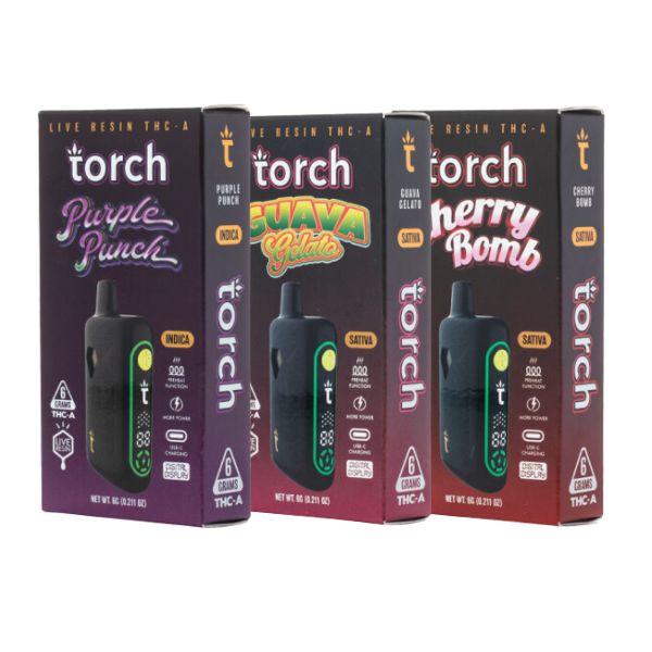 Three boxed Torch Pulse THCA Live Resin Disposable vape products in different flavors (Purple Punch, Guava Gelato, and Cherry Bomb) are displayed side by side, highlighting the device's 6g capacity and packaging details for optimal live resin enjoyment by Torch.