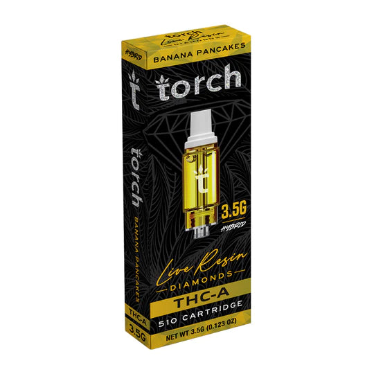 A packaged Torch Live Resin Diamonds Cartridge | 3.5g labeled "Torch Live Resin Diamonds" with "Banana Pancakes" flavor, containing 3.5 grams (1.23 oz). This Torch cartridge features packaging with a black background and yellow accents, ensuring a premium experience for discerning users.