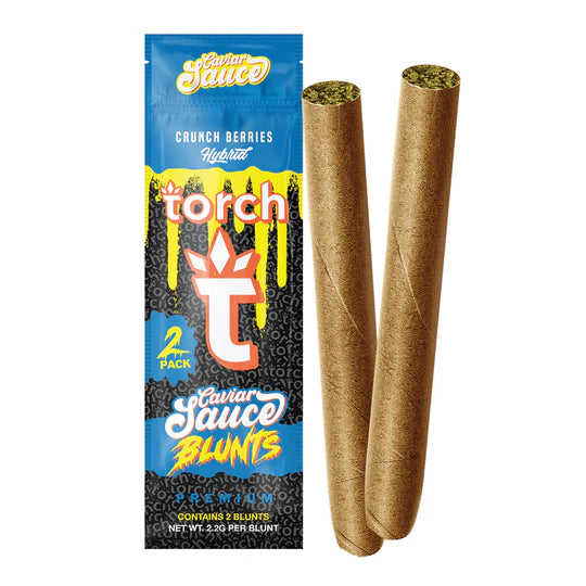 Image of Torch's Torch Caviar Sauce Blunts 2ct | 4.4g in Crunch Berries flavor, a 2-pack package with two visible blunt cones standing next to the packaging, featuring THC-A flower and strain-specific terpenes for an enhanced experience.