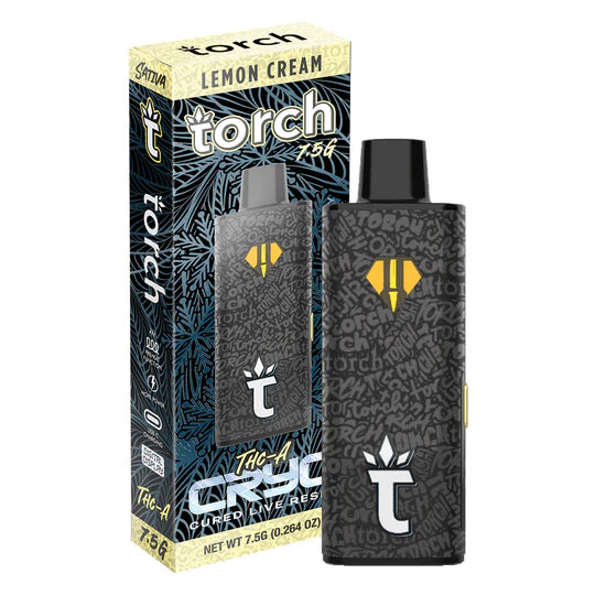 The packaging for the Torch Lemon Cream vape cartridge highlights a sleek black vape pen with a yellow design, positioned in front of its retail box. The box showcases details and branding for this Torch CRYO THCA Live Resin Disposable | 7.5g product, featuring a 7.5g capacity disposable vape option.