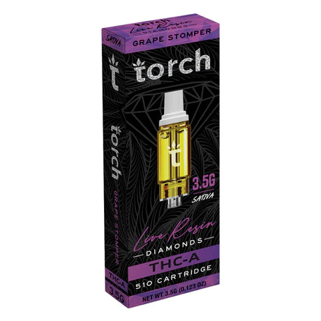 A sleek black and purple box labeled "Torch" contains a Torch Live Resin Diamonds Cartridge | 3.5g, featuring a grape stomper flavor. The 510 cartridge offers 3.5 grams of Sativa goodness, net weight 0.123 oz.