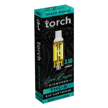 A package of Torch Live Resin Diamonds Cartridge | 3.5g labeled "Live Resin Diamonds," featuring the "Space Runtz" flavor with a net weight of 3.5 grams. The predominantly black and green packaging highlights the premium quality of this 510 cartridge from Torch.