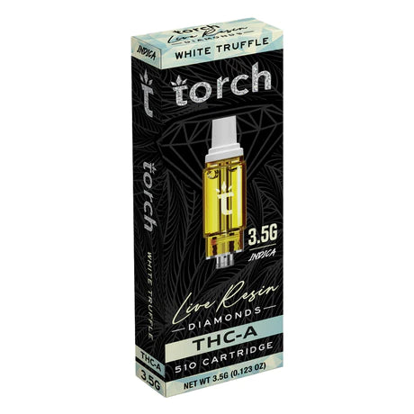 A black and blue box labeled "Torch Live Resin Diamonds Cartridge" containing a 3.5g White Truffle Indica THCA cartridge.