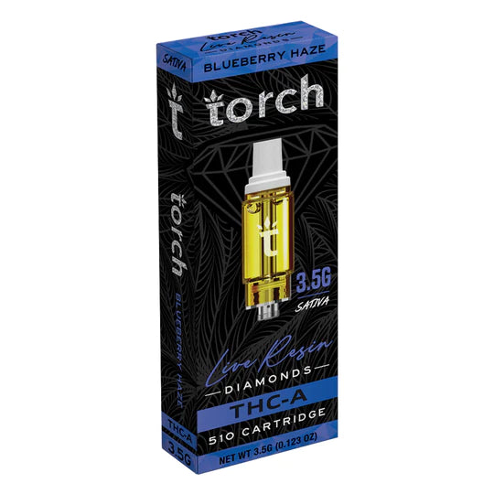 Image of a black and blue box of Torch brand Torch Live Resin Diamonds Cartridge | 3.5g labeled "Blueberry Haze" and "Live Resin Diamonds." The net weight is 3.5g (0.123 oz) and the product is categorized as Sativa.