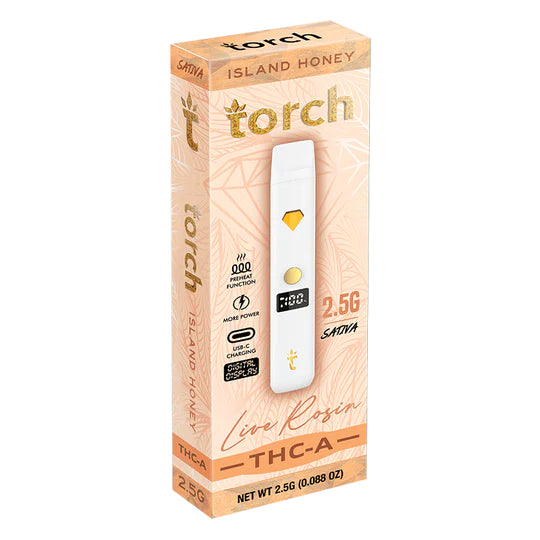 Image shows packaging for a product labeled "Torch THCA Live Rosin Disposable | 2.5g," specifically Island Honey Sativa flavor. The THC-A Rosin blend contains 2.5 grams of THC-A and natural terpenes, and comes with a USB-C rechargeable battery from Torch.