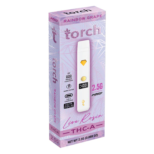 A box of Torch THCA Live Rosin Disposable | 2.5g in rainbow grape flavor, featuring a THC-A Rosin blend with natural terpenes. The 2.5g size packaging is purple with various text and images, including a device image and Delta 9 product details.