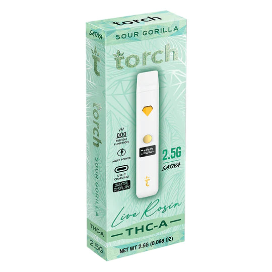 A boxed Torch brand Torch THCA Live Rosin Disposable | 2.5g labeled with "Sour Gorilla" and "Sativa," featuring 2.5 grams of product and natural terpenes. The packaging is green with white and yellow accents.