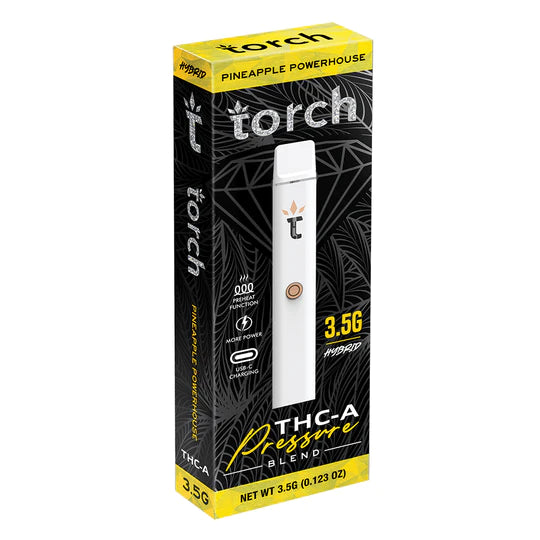 A rectangular black and yellow box labeled "Torch THCA Pressure Blend Disposable | 3.5g" contains a vape pen with the text "Pineapple Powerhouse" and "3.5G." The vape pen and packaging feature several icons and text about the THC-A blend product by Torch.