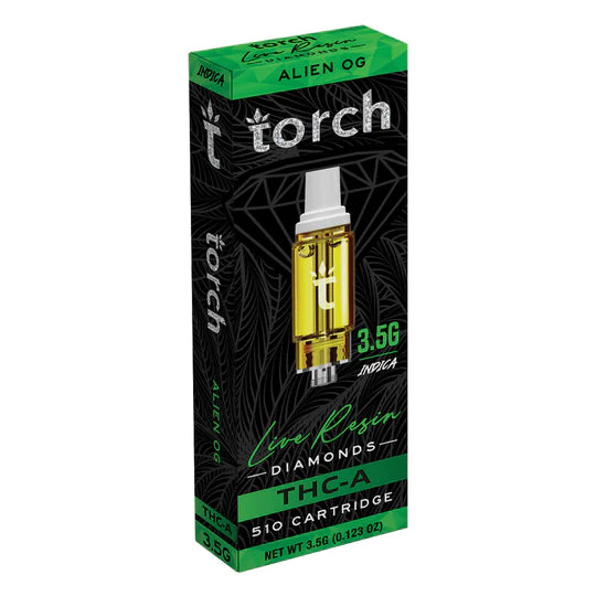 A green and black box labeled "Torch Live Resin Diamonds Cartridge | 3.5g" containing a THC-A 510 cartridge with 3.5 grams of live resin diamonds, branded "Torch" and labeled "Alien OG Indica.