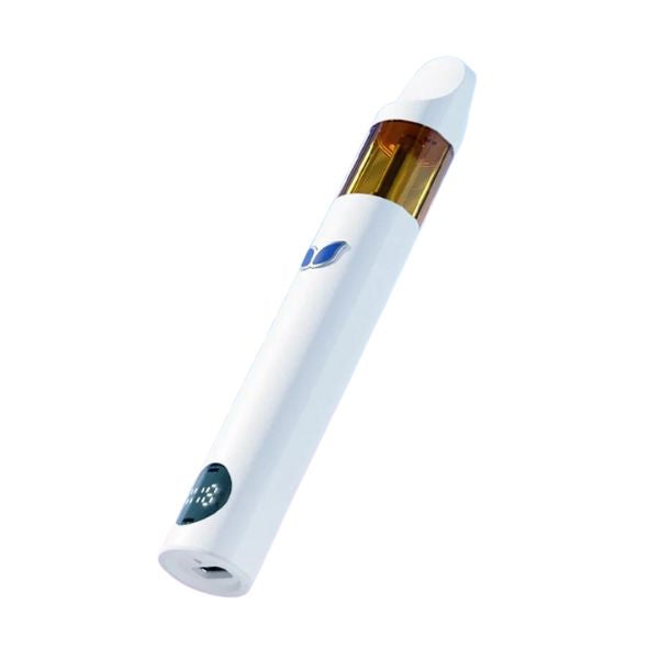 A slim, white Urb Aerovape 710 Relax Disposable vape pen with a transparent amber cartridge section and featuring Live Resin for an elevated experience, adorned with a blue Urb logo near the middle.