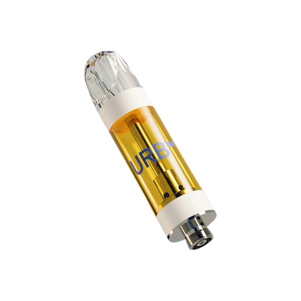 An Urb Flight Fuel Clarity Cartridge | 2g with translucent yellow Delta 8 liquid, marked "URB" in blue, featuring a transparent top and metallic bottom connector.