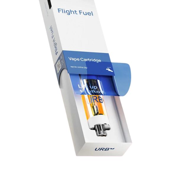 Close-up of a boxed vape cartridge labeled "Urb Flight Fuel Euphoria Cartridge | 2g," containing Delta-8 Live Resin. The cartridge is partially visible through clear packaging within a sleek white and blue box.