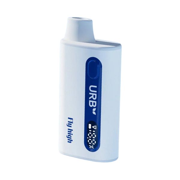 A white and blue electronic inhaler labeled with "URB," "Fly High," and "Delta-8," identified as the Urb Mile High Aerovape 420 Max Disposable | 1.5g.