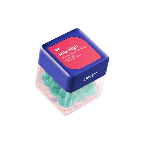 A transparent container labeled "Urb Mile High Skybites Gummies" with a blue lid and the brand name "Urb" visible on the edge, containing green gummies. The package mentions 2.5 mg THC and live resin.