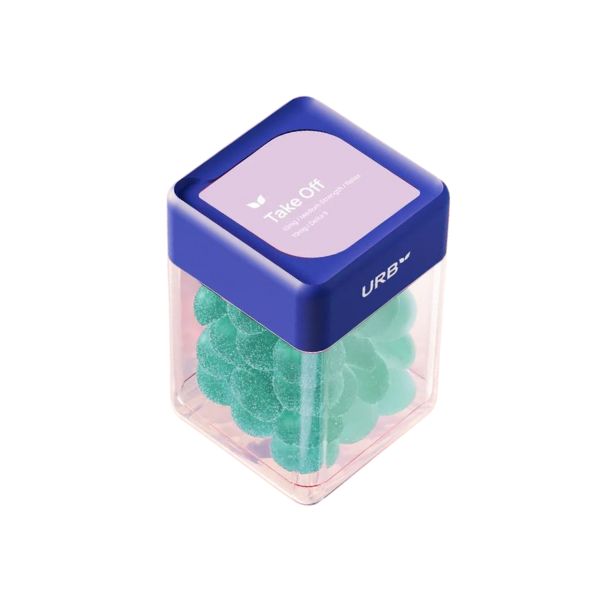 The Urb Take Off Skybites Gummies, a clear plastic container with a blue lid labeled "Take Off," contains green vegan gummies infused with delicious hemp-derived Delta-9 THC.