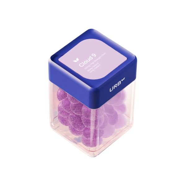 Clear plastic container with a blue lid labeled "Urb" and "Cloud 9," containing purple round Urb Cloud 9 Skybites Gummies.