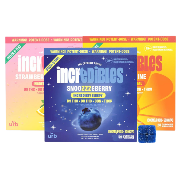 Three packages of Urb x Incredibles THC Gummies | 1500mg by Urb in flavors Strawberry, Snoozzzeberry, and Tangerine, featuring a warning indicating they are potent-dose edibles with a total THC content of 1500mg.