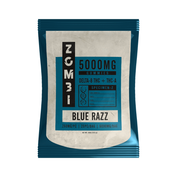 A package labeled "Zombi Delta 8 & THC-A Gummies | 5000mg, Zombi." The package contains 20 pieces, each with 250mg of the potent Zombi Delta 8 blend, totaling 5000mg per bag.