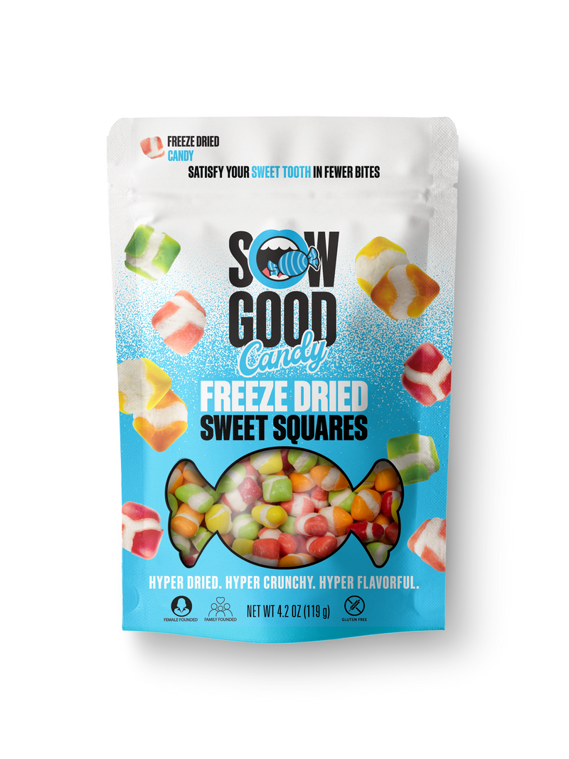 A resealable pouch of Freeze Dried Sweet Squares from Sow Good Inc, showcasing vibrant candy pieces, emphasizes the product's hyper-dried, crunchy, and flavorful qualities achieved through advanced freeze-drying. Net Weight: 4.2 oz.