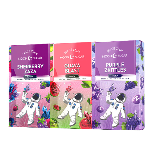 Three vibrant packages of Space Gods Space Club Disposable Vape Moon Sugar | 3g, labeled "Sherberry Zaza," "Guava Blast," and "Purple Zkittles," featuring an astronaut graphic and various fruit illustrations, now available in Moon Sugar Disposables with Delta 9 and Delta 11 enhancements.