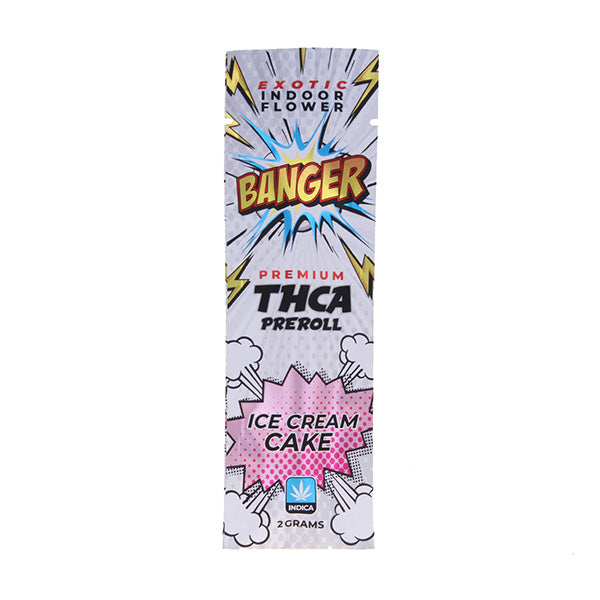 The packaging for the "Banger THCA Preroll | 2g" from Banger, labeled "Ice Cream Cake," showcases a vibrant comic-style design. This distinctive package emphasises its exotic indoor flower, offering 2 grams of indica strain—an ideal selection in hemp-derived pre-rolls.