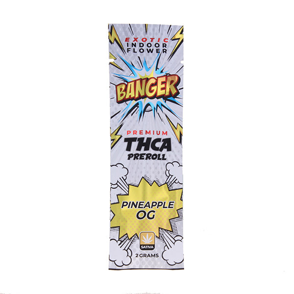 The packaging for Banger's THCA Preroll | 2g features comic-style graphics and prominently highlights the strain name "Pineapple OG," delivering a lively display for these hemp-derived pre-rolls.